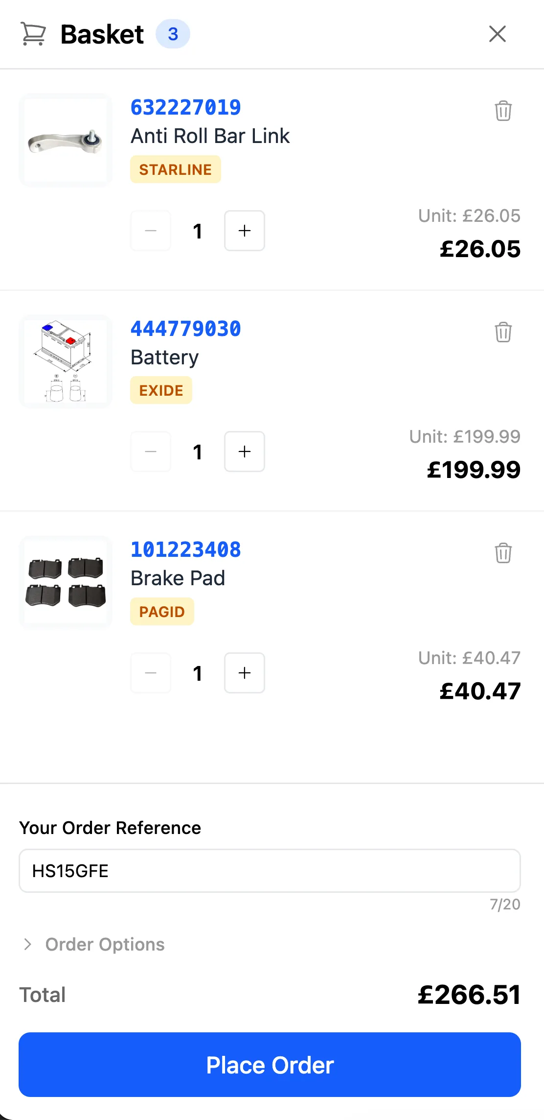 LKQ Euro Car Parts mobile basket inside LaunchControl showing selected parts ready to order