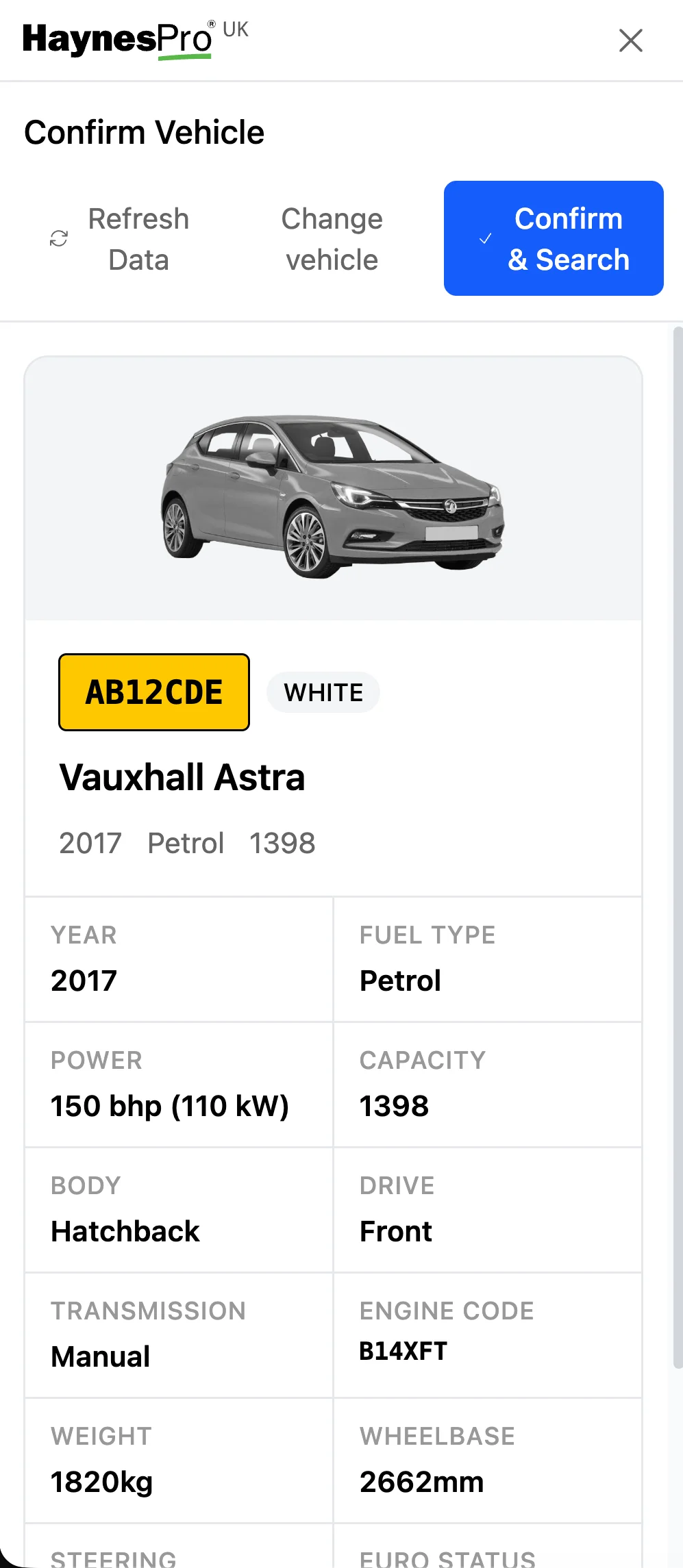 HaynesPro vehicle confirmation on a mobile device