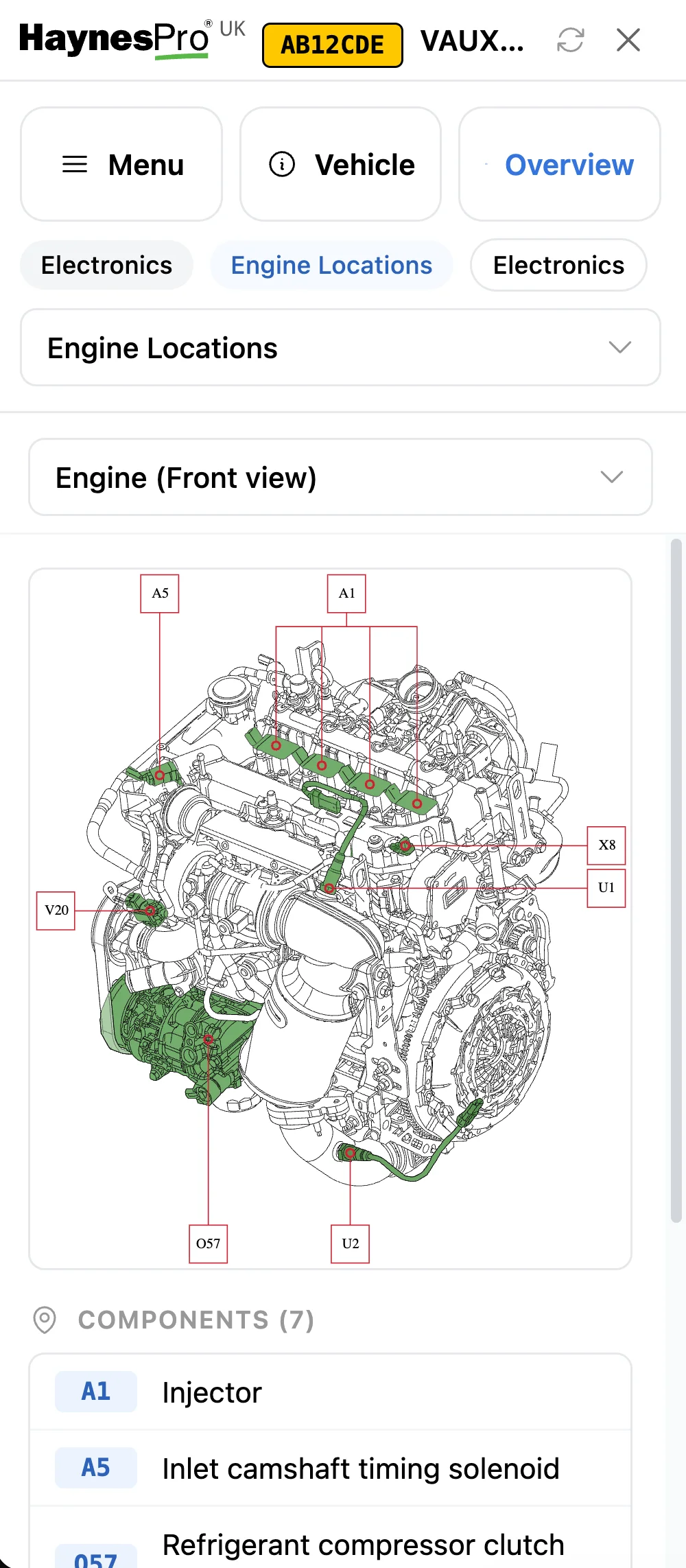 HaynesPro engine locations view on a mobile device