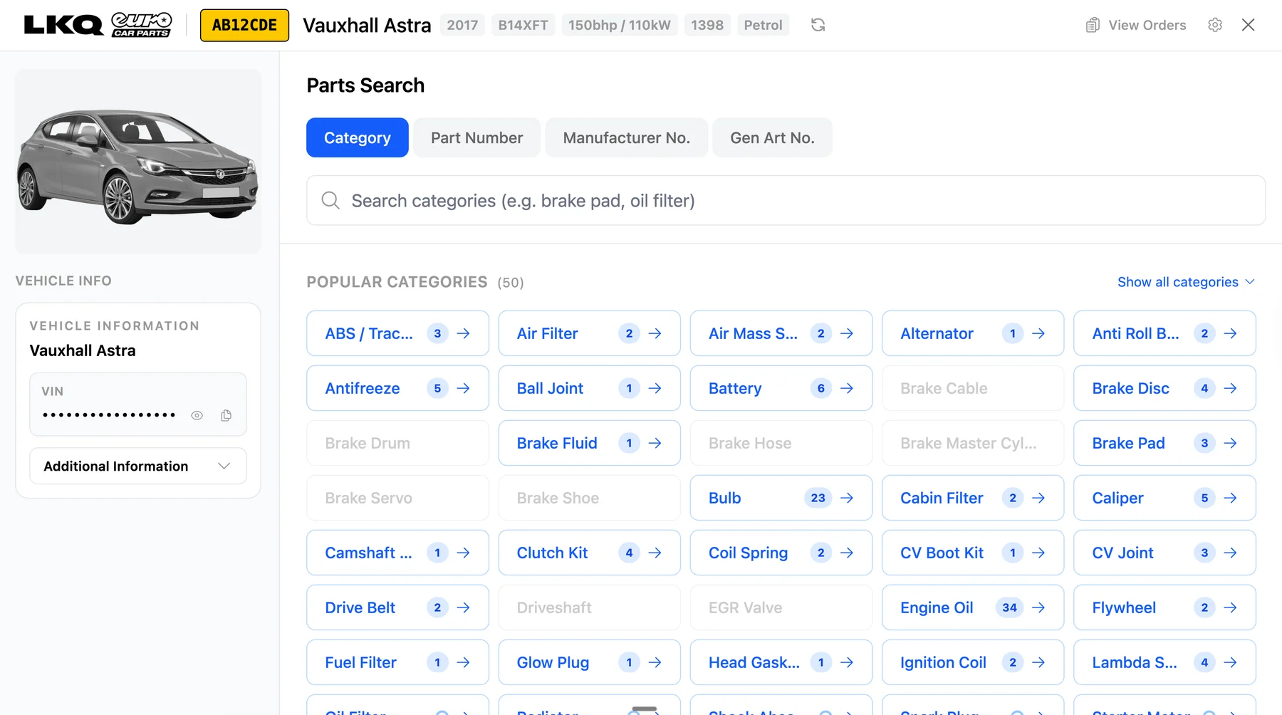 LKQ Euro Car Parts category search inside LaunchControl showing registration-linked parts categories